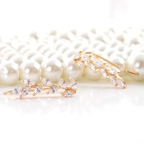 14K Gold or 925 Sterling Silver Plated Ear Crawler Earrings for Women - Crystal Leaf Ear Climber Earrings - Hypoallergenic, Safe for Sensitive Ears thumbnail 4