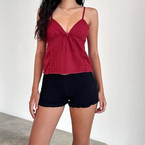 Women Y2k Babydoll Tank Tops Lace Trim V Neck Crop Cami Spaghetti Strap Peplum Top Summer Cute Aesthetic Flowy Shirts thumbnail 5