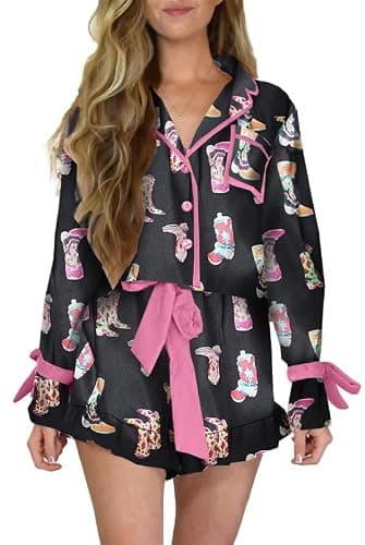 Yiulangde Valentines Heart Bow Pajamas for Women Silk Satin Ruffle Shorts Pjs Tie Front Long Sleeve Shirts Pajamas with Bows - Image 1