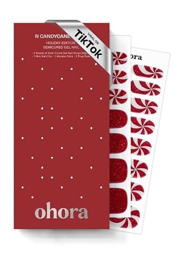 ohora Semi Cured Gel Nail Strips (N Candycane Swirl) - Works with Any Lamps, Salon-Quality, Long Lasting, Easy to Apply & Remove - Includes 2 Prep Pads, Nail File & Wooden Stick - Image 1