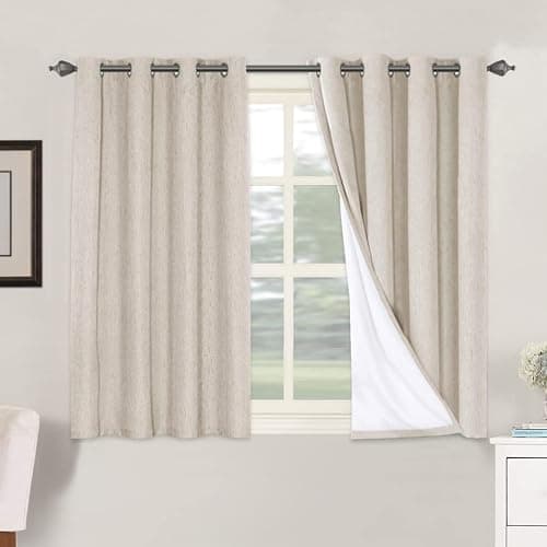 H.VERSAILTEX Linen Blackout Curtains 45 Inches Long 100% Blackout Thermal Insulated Textured Linen Look Curtain Draperies Anti-Rust Grommet, Energy Saving with White Liner, 2 Panels, Natural - Image 1