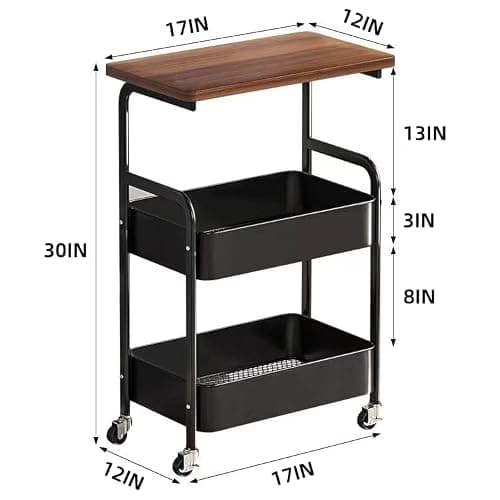 3 Tier Metal Rolling Utility Cart Organizer with Walnut Table Top, Stable and Sturdy Rolling Storage Carts with 2 Lockable Wheels for Kitchen，Bathroom，Snacks，Coffee，Craft，Makeup，Baby Essentials thumbnail 2