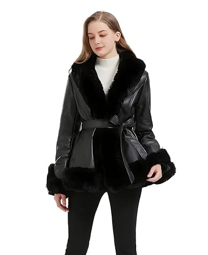 GRAN ORIENTE Women's Faux Leather Jacket with Faux Fur Collar, Winter Long Sleeve Furry Trim Peplum Parka Coat with Belt thumbnail 2