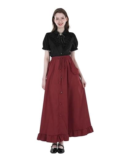 Nuoqi Victorian Blouse Women Black Ruffle Edwardian Shirt Short Cotton 1800s Vintage Top with Bow thumbnail 2