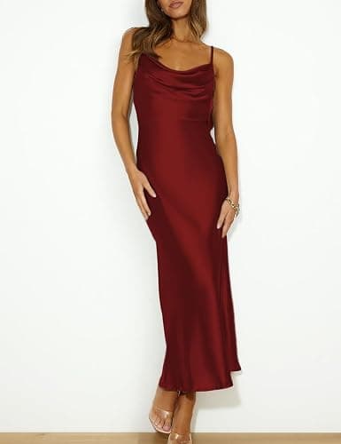 Summer Satin Spaghetti Strap Cowl Neck Backless Midi Dresses for Women Elegant Tie Low Back Ruched Cocktail Dress thumbnail 4