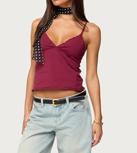 Cute Babydoll Tops for Women Spaghetti Strap V Neck Ruffle Tank Tops Summer Going Out Peplum Top thumbnail 2