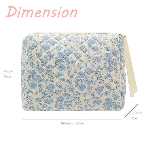Cotton Makeup Bag for Women Large Quilted Travel Cosmetic Pouch Girls' Make Up Organizer,Little Flower Blue thumbnail 4