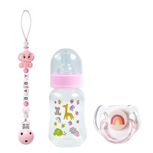 SCOM Reborn Baby Dolls Accessories Set - Rainbow Transparent Magnetic Pacifiers & Removable Reusable Baby Doll Bottles with Silicone Pacifier Clips for Reborn Dolls Girls, Pink Style, 3 Pcs - Image 1