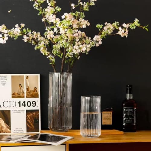 Clear Glass Flower Vase for Pampas Grass, 7.5 inch Medium Decorative Centerpiece Ribbed Vase for Dining Table, Office Desktop, Shelf Bookshelf, Mantel, Entryway, Bathroom, Countertop, Farmhouse, Gift thumbnail 7