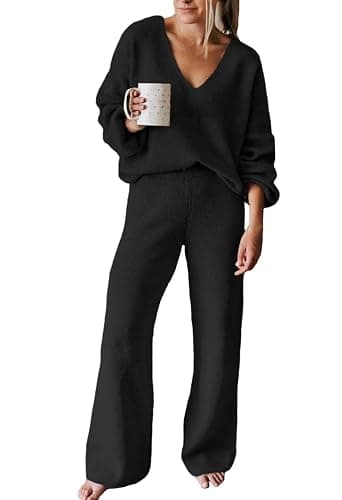 Fixmatti Women 2 Piece Knit Set Long Sleeve Pullover Sweater Top Wide Leg Pant Sweatsuit Outfits - Image 1