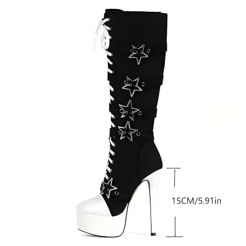 Feinlina Wome's Canvas Lace Up Knee High Platform Stiletto Heel Boots | fashion round toe,stripper platform heels,club party booties,balck thigh high boots thumbnail 6