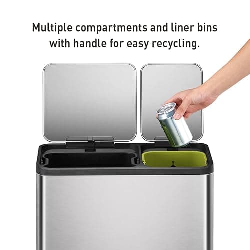 EKO EcoCasa Stainless Steel Dual Step Trash Can for Recycling, 30L+20L Rectangular Kitchen Trash Can, Independent Pedals and Lids, Soft Close and Fingerprint Resistant - 30L + 20L thumbnail 5