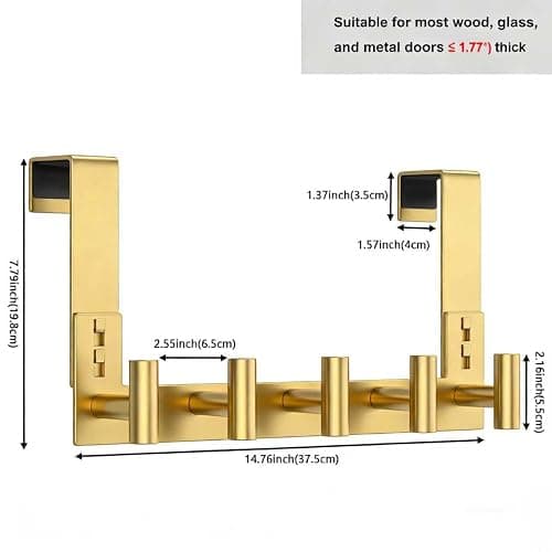 PMMASTO Over The Door Hooks, Fits 1-3/4" Thick Door No Drill Hooks for Closet Bathroom Bedroom Organization, Hanger for Coat Towel Robe (Gold, 5 T-Hooks) thumbnail 2