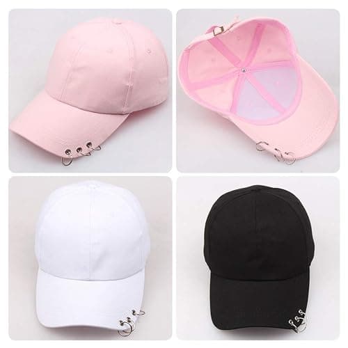 niumanery Unisex Korean Harajuku Baseball Cap with Metal Rings Hip Hop Adjustable Dad Hat Black - black thumbnail 7