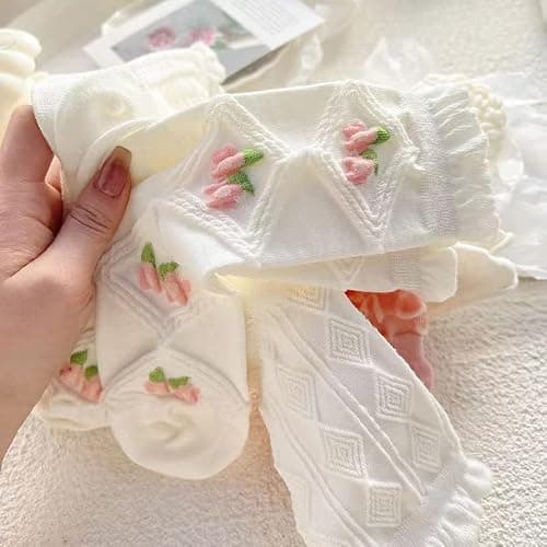 5 Pairs White Cute Socks, Women's Lace Ruffles Ankle Casual Sock, Cottagecore Breathable Mid Tube Socks, Floral Crew Socks thumbnail 4