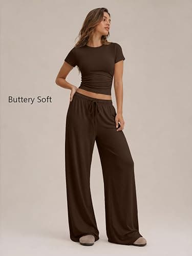 Trendy Queen Women's 2 Piece Matching Summer Lounge Set with Pockets | Vacation Airport Travel Outfits, Workout Gym Clothing Comfy Athleisure Clothes, Side-ruched Top, Drawstring Wide Leg Pants thumbnail 2