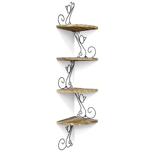 Alsonerbay Wall Mount Corner Shelves 4 Tier Floating Corner Storage Wood Shelves Decorative Rustic Radial Shelf in Cat Shape Carbonized Black - Image 1