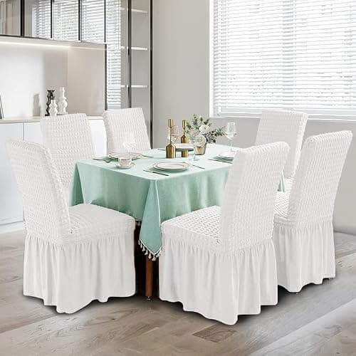 XMNTG Dining Room Chair Slipcovers 1-Piece Stretch White Dining Chair Covers Dorm Chair Cover Non Slip Washable Furniture Protector with Skirt Country Style for Hotel Ceremony Party (White) - White thumbnail 2