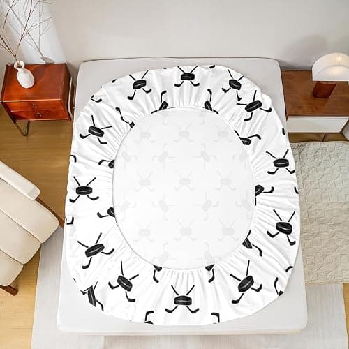 Ice Hockey Kids Sheet Full Size,Winter Ball Sports Games Competition Bedding Set,Girls Boys Adults Room Decor,Simple Modern Fashion Black White Bed Sheet Set 4pcs(Fitted + Flat + 2 Pillowcases) thumbnail 6