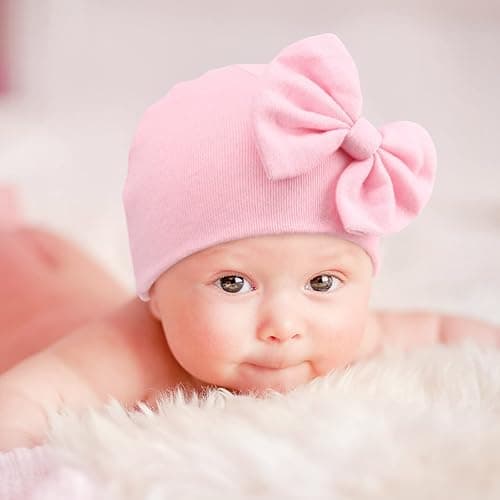 AQOKKA Newborn Baby Girl Hats with Bow Cotton Toddler Infant Beanie Cap Newborn Hospital Hats for Baby Girl Kid 0-24 Months thumbnail 8