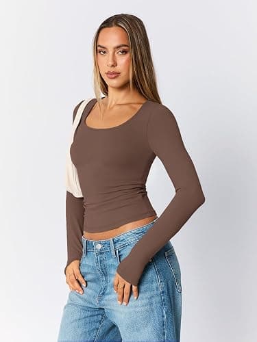 Trendy Queen Womens Scoop Neck Long Sleeve Shirts Skinny Going Out Crop Tops Cute Fall Fashion 2025 Clothes thumbnail 4
