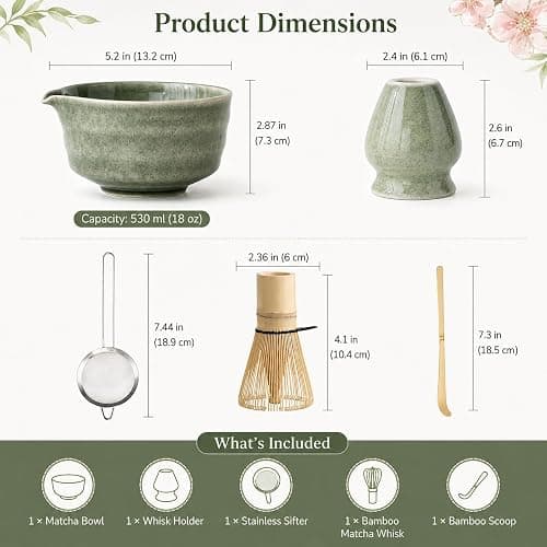 Buucup Matcha Set, Matcha Bowl with Spout, Matcha Whisk and Holder, Bamboo matcha Scoop and Stainless Sifter - 5 Pcs Jade Green Matcha Set Kit for Matcha Lover thumbnail 2