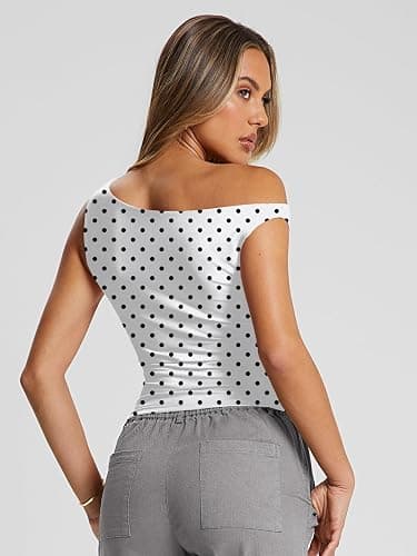 Trendy Queen Women's Off The Shoulder Tank Top, Sleeveless Stretchy Going Out Crop Top, Y2K Fashion T-Shirt for Summer thumbnail 4