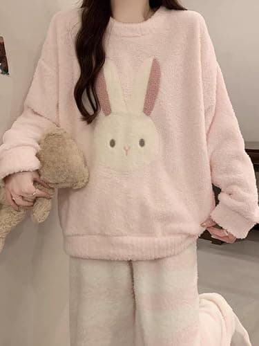 Vhitler Kawaii Cutecore Fuzzy Pajamas Fleece Set Lounge Fluffy Pj Sets Cute Sherpa Long Sleeve Top Pants Mathing Pajamas thumbnail 2