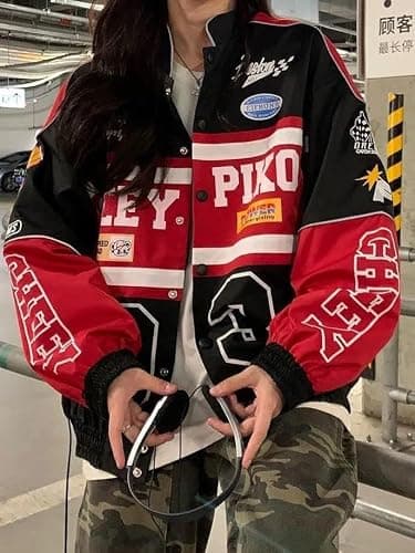 POHADON Varsity Jacket For Women Patchwork Long Sleeve Racing Bomber Letterman Jackets Color Block Y2k Vintage Streetwear - Medium - Red thumbnail 5