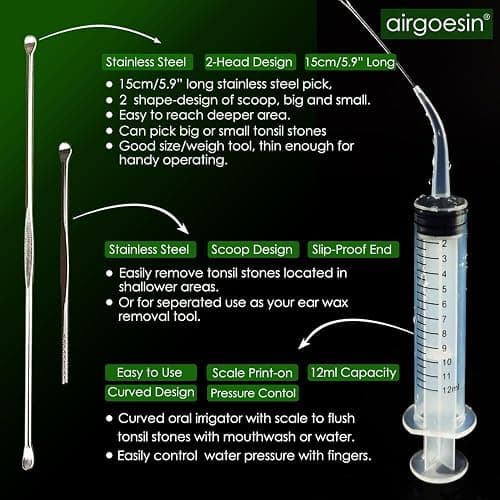 Tonsil Stone Remover Kit, Lighted, 5 Tips, Oral Irrigator for Bad Breath | 6.75" Tonsil stone removal kit with oral syringe & long tonsillolith pick, clean tonsil crypts for throat and oral care thumbnail 4