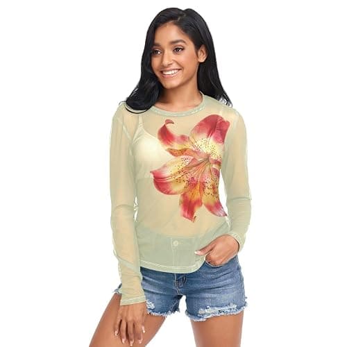 CTYSHTDL Women Mesh Tops Sexy- Sheer Long Sleeve Shirts Crew Neck Going Out Tops - Image 1