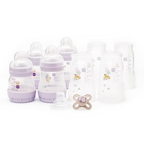 MAM Easy Start Anti-Colic Bottle Starter Set | Includes 4X Feeding Bottles and MAM Original Start 0-2 Month Soother | Self-Sterilising | Baby Gift Set of Newborn Essentials | Lilac (Various Designs) - Set - Purple - Image 1