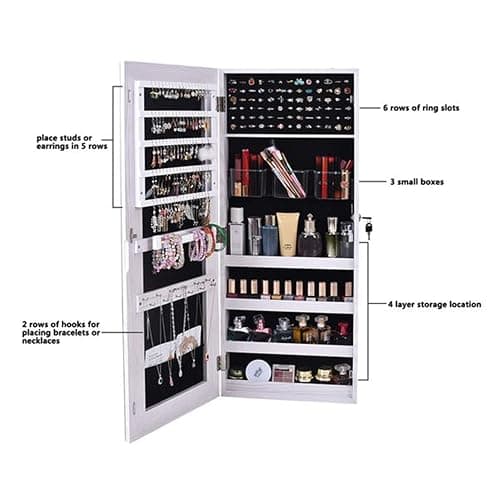NALLBEIRRAA Mirror Jewelry Cabinet Armoire, Lockable Wall/Door Mounted Hanging Jewelry Cabinet Storage Organizer with Full Length Mirror, Larger Capacity, Dressing Mirror (White) … thumbnail 5