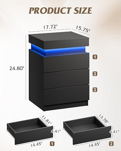 WLIVE Nightstand with Charging Station & Led Lights, Modern Bedside Table with 3 Drawers and Sliding Top, End Table with Hidden Space for Bedroom, Living Room, 26.8'' Height Night Stand, Black thumbnail 3