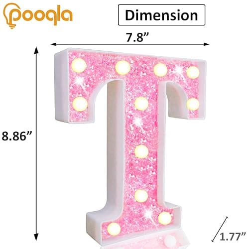 Pooqla LED Marquee Letter Lights, Pink Glitter Light Up Letters Alphabet Sign Battery Powered Night Light, Birthday Party Wedding Girls Gifts, Christmas Room Dorm Bedroom Decoration, Pink Letter T thumbnail 3