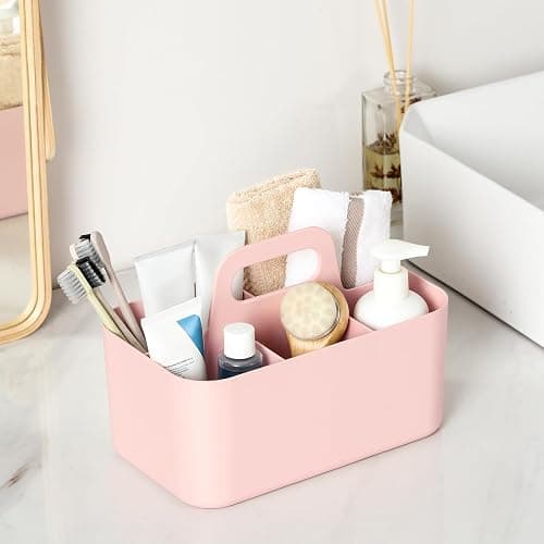 Multiuse Caddy Organizer with Handle, Portable Divided Plastic Tote Bin - Art Craft, Stationary Pen Marker Crayons, Makeup Hair Supplies Storage - Bathroom, Classroom, Dorm, Office, Desk Holder - Pink thumbnail 2