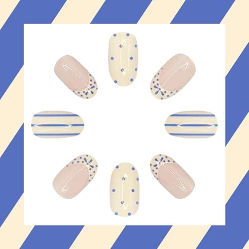 White French Tip Press on Nails Short Almond Fake Nails witn Blue Polka Dot Stripe Design Spring Summer False Nails Press ons Glossy Full Cover Glue on Nails for Women Girls Manicure Decorations thumbnail 4