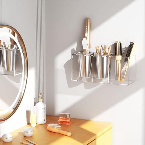NIUBEE Hair Tool Organizer Wall Mount, Hair Dryer Holder for Bathroom,Clear | Acrylic Hair Organizer Storage Countertop, Blow Dryer Holder, Hot Tools Organizer for Curling Iron, Brush, 2 Stainless Cups thumbnail 4