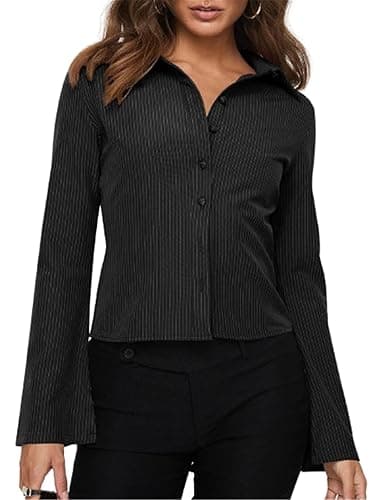 ECHOINE Women Button Down Shirts Long Sleeves Slim Fitted Casual Collared Blouses Work Striped Tops