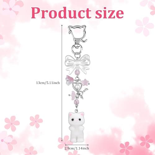 Cat Keychain, Cute Fuzzy Kitty Key Chain White Plush Kitten Charm Keychain with Bow Heart Pendant Stuffed Animal Key Ring for Key Backpack Purse Phone Decor thumbnail 2