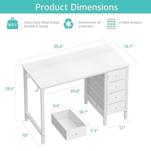Lufeiya Small White Desk with Drawers for Bedroom, 40 Inch Kids Girls Study Desks, Reversible Computer Writing Nail Table with Fabric Drawer for Small Spaces Home Office Manicure thumbnail 3