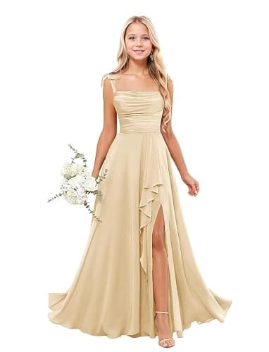 Fouwey Junior Bridesmaid Dresses for Wedding Teen Girls Spaghetti Strap Chiffon Flower Girl Dress Ruffles Prom Dress 2-16Y thumbnail 6