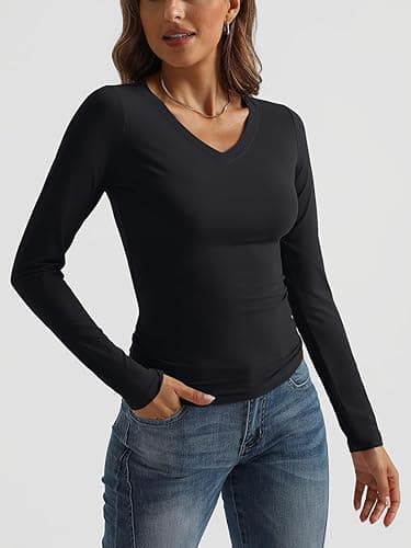 Trendy Queen Long Sleeve Shirts for Women 2025 Fall Fashion V Neck Basics Crop Tops Slim Fitted Y2K Tops Outfits Clothes thumbnail 3