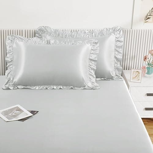 Homiest 2-Pieces Ruffle Pillow Case & Satin Fitted Sheet Set, Light Grey Twin Satin Sheets with Ruffled Pillow Shams, 15 Inch Deep Pocket, Cute & Coquette Silk-Like Bed Set for Decorating Bedroom thumbnail 2
