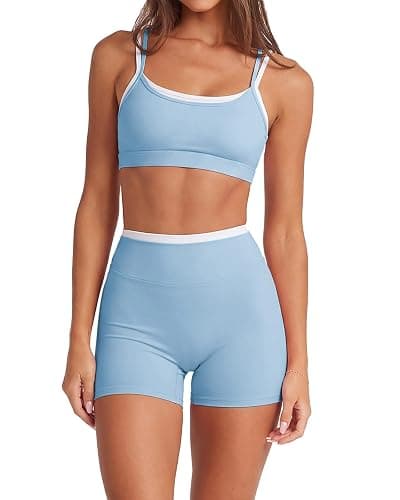 SUUKSESS Women 2 Pieces Workout Sets Padded Spaghetti Straps Camis High Waist Biker Shorts - Image 1