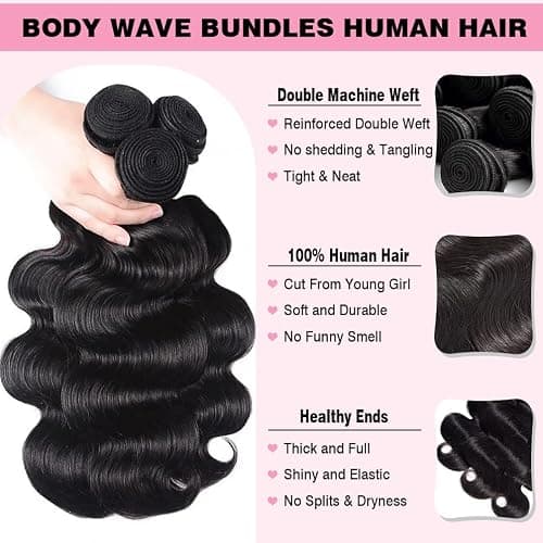 12A Human Hair Bundles 12 14 16 Inch Body Wave 3 Bundles Human Hair 100% Unprocessed Brazilian Virgin Hair Extensions Real Human Hair Quick Weave Hair Bundles for Women Double Weft Natural Black thumbnail 2
