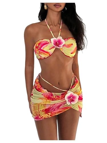 SOLY HUX Women's 3 Piece Swimsuit Floral Halter Bikini Set Beach Vacation Bathing Suit with Drawstring Cover Up Skirt - Image 1