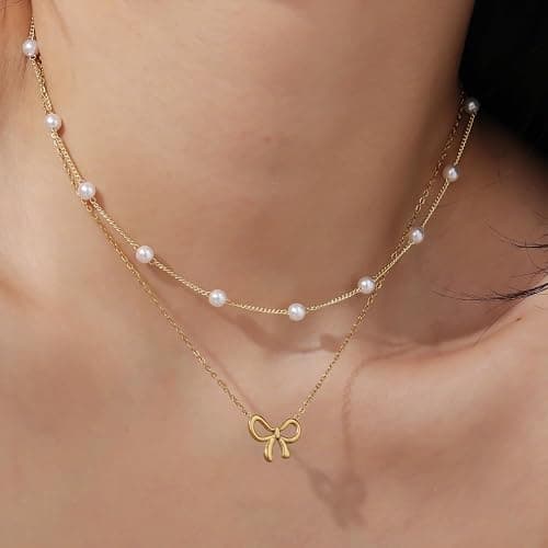 Qitian 18K Gold Plated Satellite Pearl & Bow Pendant Necklace for Women, Adjustable Layered Choker Chain Jewelry, Mini Gold Pearl Necklace Gift thumbnail 2