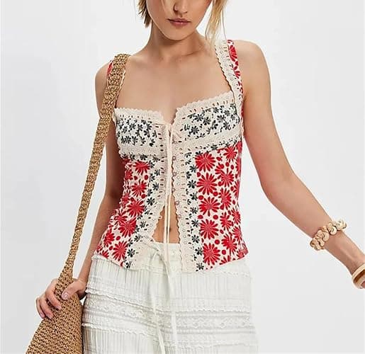 Women Breathable Floral Button Down Crop Tank Top Backless Front Tie Ruffle Trim For Summer Sexy Smocked Sleeveless thumbnail 2