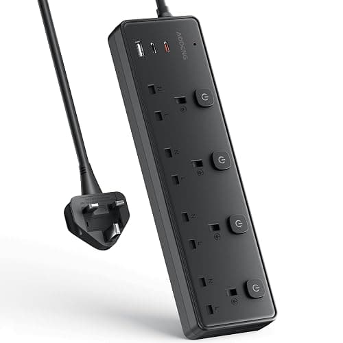 Extension Lead with 3 USB Slots(30W),4 Way Sockets Outlets Ports Extension Cable with 4 Individual Switches Surge Protected,Wall Mountable Extension Socket for Home,Office,School,2M,Black - Image 1